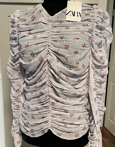 Zara Medium Purple Ruched Long Sleeve Shirt Top w/ Silver Thread NWT Cute V Neck - Picture 1 of 16