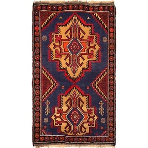 Afghan Balouchi Rug Geometric Wool Carpet Blue Tribal Rug 2'11x4'9 ft Rug W14755 - Picture 1 of 8