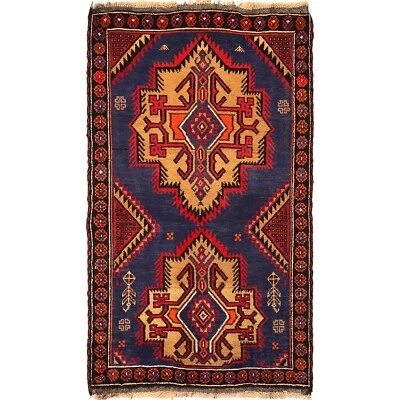 Afghan Balouchi Rug Geometric Wool Carpet Blue Tribal Rug 2'11x4'9 ft Rug W14755 - Image 1 of 4