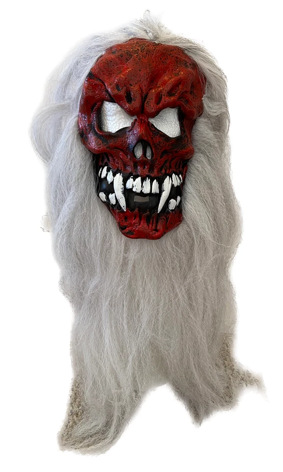 Scary Red Face Ghoul Devil Skeleton Adult Pullover Mask Hair Halloween Costume - Image 1 of 4
