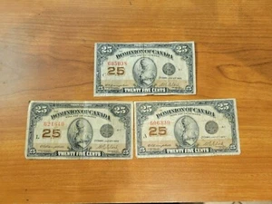1923 25 cents Dominion of Canada lot of 3 notes  - Picture 1 of 2