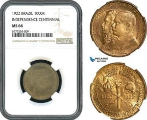 AH373, Brazil, 1000 Reis 1922, Independence Centennial, NGC MS66 - Picture 1 of 1