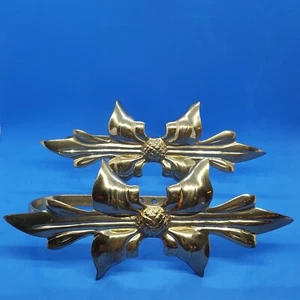 Pair of Drape Curtain Tie Backs Heavy Brass Classical Leaf Bow Glossy Gold Color - Picture 1 of 12