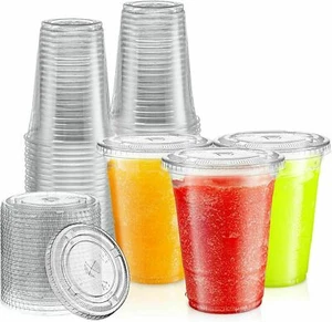 16oz Clear Plastic PET Cups W/ Flat Lid & Straw, BPA-Free Perfect for Beverages - Picture 1 of 4