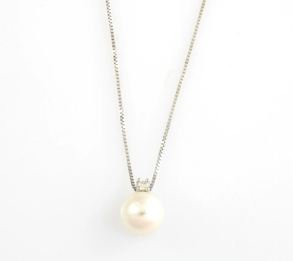 Collar Nimei De Oro Blanco 18 KT Con Perla Natural Y Diamante - Imagen 1 de 3