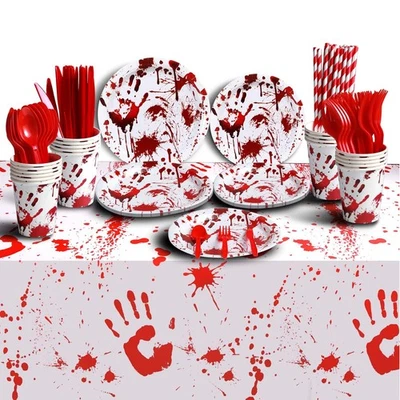 Los suministros para fiestas de Halloween incluyen mantel zombi sangriento, platos de papel, tazas, Foto 1 de 4
