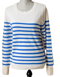 Neu mit Etikett Cynthia Rowley 100 % 2-fädiger Kaschmir Pullover weiß und blau verziert Gr. L - Bild 1 von 6