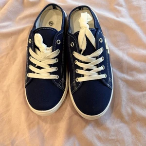 Blue Canvas Slip-On Sneakers 110 DENIM White Laces Women - Picture 1 of 5