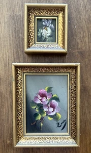 Vintage spanische Mini Blumen Ölgemälde handbemalt Set verzierte vergoldete Rahmen signiert - Bild 1 von 8