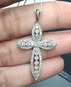 DEAL! 1.20CT GENUINE NATURAL DIAMONDS CROSS PENDANT IN 14K GOLD 40MM - Picture 1 of 13