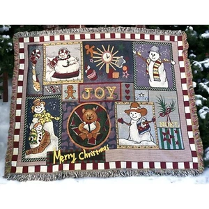 Merry Christmas Snowman Throw Blanket Fringe 46" X 55" Tapestry Style - Picture 1 of 8