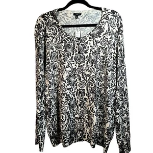Talbots Long Sleeve Cardigan Sweater Size 3X Paisley Black White Metallic Thread - Picture 1 of 14