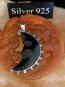 Silver And Black Resin Moon Pendant   And Fine Silver Chain - Picture 1 of 4