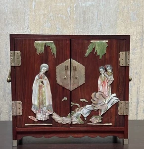 Vintage Asian Jewelry Cabinet with Inlaid Mother-of-Pearl Figures – Handcrafted - Picture 1 of 16