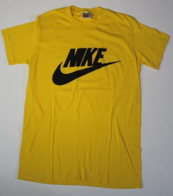 M 1980s 1987 Vintage Nike T Shirt Made in USA Single Stitch Nike Swoosh Yellow - Image 1 of 4