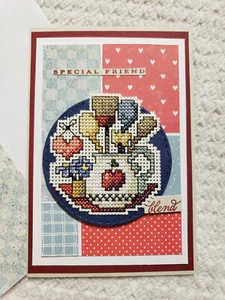 Handcrafted cross-stitched greeting card with country utensils crock - Picture 1 of 3
