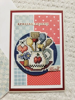 Handcrafted cross-stitched greeting card with country utensils crock - Image 1 of 3