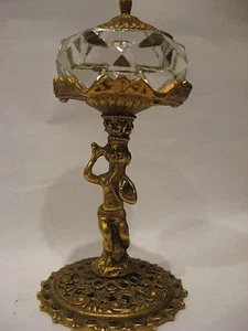 VINTAGE GOLD COLORED METAL & GLASS PEDESTAL OPEN SALT VICTORIAN STYLE 4 1/4" T - Picture 1 of 12