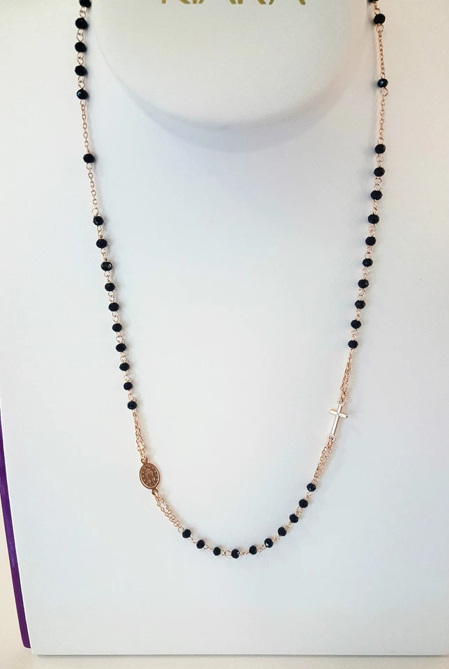 Collana  Rosario Argento 925° Con Pietre Nere Unisex - Immagine 1 di 1