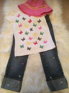 Set Jeans With Embroidered Butterflies, Top, Hat 6x/7 Girls - Picture 1 of 6