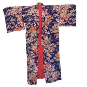 Kimono Robe Japanese Unisex Vintage Navy Blue Floral Lined Polyester 55" Length  - Foto 1 di 8