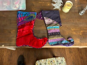 Lot Of 2 Satin Christmas Stockings & Hangers, Red And Blue, Pier 1 Imports - Picture 1 of 11