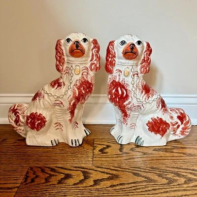 Pair Vintage 12" Staffordshire Ceramic Red Spaniel Dogs w Gold Chain Detailing - Image 1 of 4