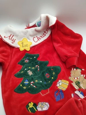 Vintage Green Velour 1990s Baby Footie Pajamas "My First Christmas” 3-6 Months - Image 1 of 4