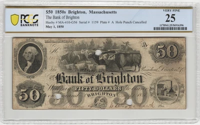 1850s Brighton Massachusetts $50 Obsolete Banknote PCGS Very Fine 25 - Image 1 of 2