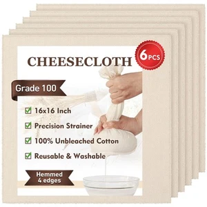 Cheesecloth 6 PCS Precut 16x16 In Hemmed 4 Edges Grade 100 Ultra Fine 100% Un - Picture 1 of 7