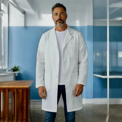 Abrigo de laboratorio Landau blanco cuello muesca botón delantero 3 bolsillos agujero para la mano para hombre grande Foto 1 de 4
