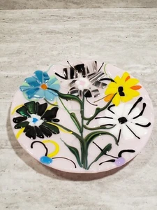 Pink Floral Fused Glass Round Trinket Dish Pastel Art Glass Rare - Picture 1 of 5
