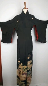 VTG Japanese Crepe Silk Kimono Wedding Shibori embroidered antique textile FLAWS - Picture 1 of 12
