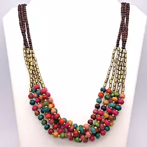 Mixed Metal Tube Bead Multi-Color Wood Bead Multi Strand Necklace Colorful - Picture 1 of 5