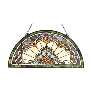 Stained Glass Window Panel Victorian 24" Half Moon Tiffany Style Suncatcher - Picture 1 of 4