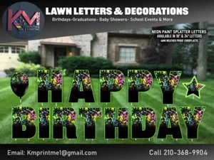 Carta de césped 18" Feliz cumpleaños Neon Paint Splatter Yard Card Metal Stakes Inc. - Imagen 1 de 1