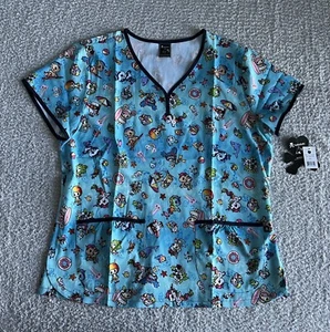 Koi Tokidoki Scrub Top Women’s Sz Large Blue Aloha Eve Nursing Medical - Picture 1 of 11