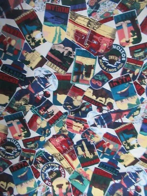 "Around the World" HOFFMAN FABRICS   Retro Santa Fe Train Travel Signs   1YDX44 - Image 1 of 4