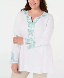 CHARTER CLUB Starfish Embroidered Bead Slub Jersey Tunic White sz 2X NWT $69.50 - Picture 1 of 5