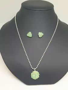 Lovely Diamante Flower Pendant And Earrings Made With Swarovski Green Opal Stone - Picture 1 of 4