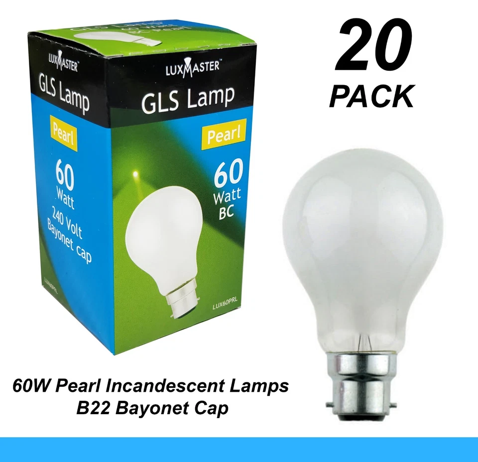 20 x 60W Pearl Light Globes Bulbs B22 Bayonet Incandescent Warm White Dimmable - image 1 of 1