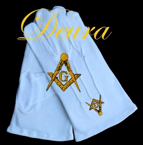 Masonic EMBROIDERED White 100% Cotton Gloves Gold G Square & Compass Size XL - Picture 1 of 1