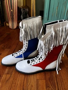 Pro Wrestling boots leather Blue Red White Fringes Set Of Young Rock! Sz 12 - Picture 1 of 8