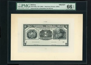 BOLIVIEN Polierte Platte Banknote P92fp, ND (1902), 1 Boliviano, PMG 66 Stempelglanz ABNC - Bild 1 von 2