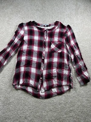 Heart N Crush Womens Medium Burgundy Plaid Long Sleeve Button Front Lace Back Foto 1 de 4