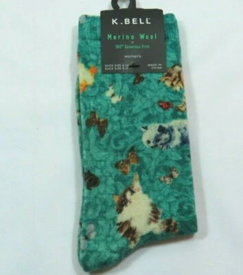  Calcetines K Bell para mujer mezcla de lana merino gatitos mariposas verdes talla 9-11 Foto 1 de 2
