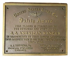 Vtg 1960 United States Line Bronze Safety Award Ship Plaque S.S. American Ranger - Picture 1 of 4