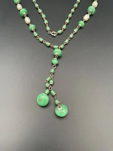 Art Deco Green Spun Glass Necklace Baroque Pearl Czech Bead Sautoir Y Drop - Picture 1 of 4