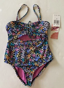 NWT Hobie Girls Size 8 Dainty Ditsy Cut Out Swimsuit Black Floral Print - Picture 1 of 4