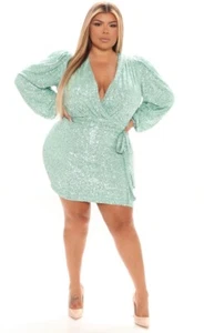 NEW 2X Fashion Nova Seeing The Stars Sequin Mini Faux Wrap Dress Mint Green - Picture 1 of 5